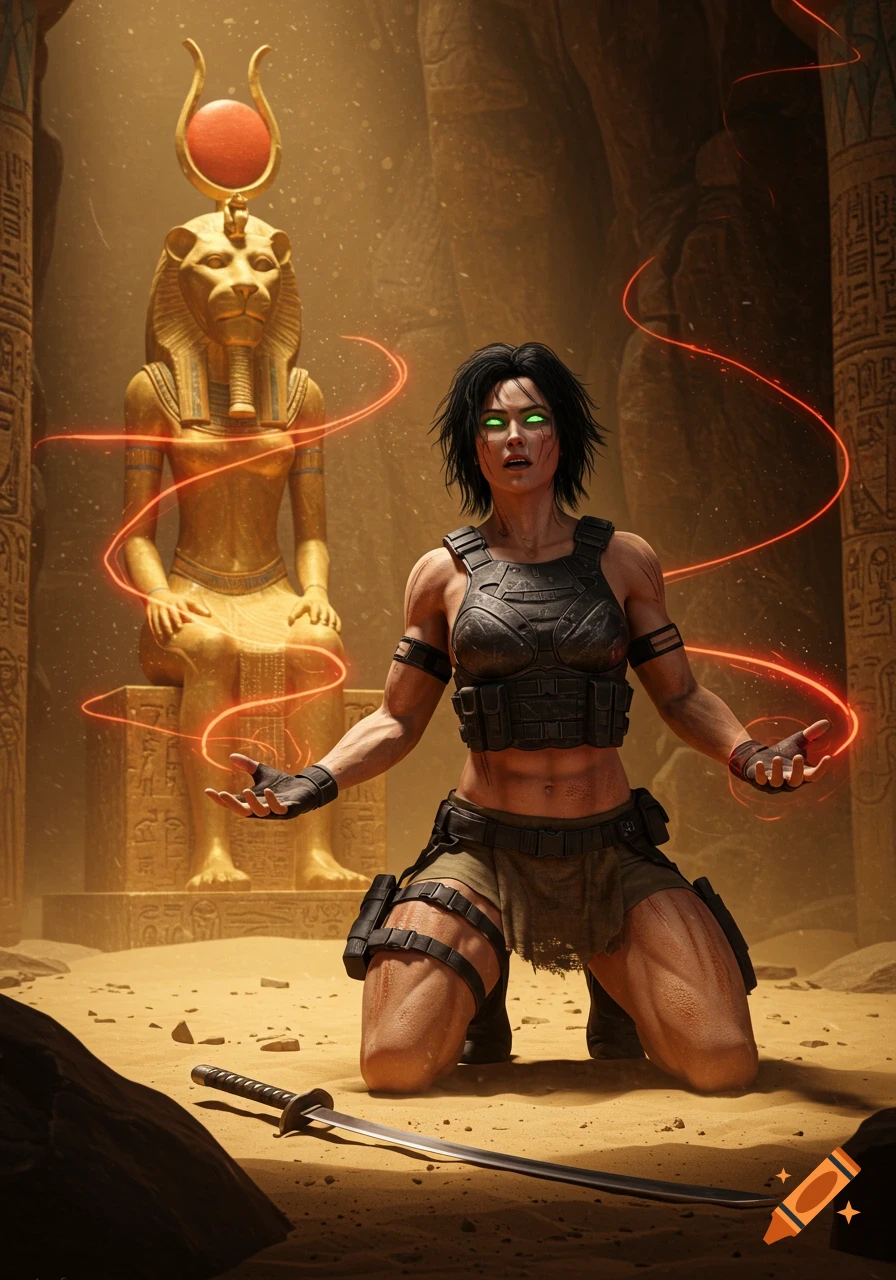 A muscular woman with glowing green eyes kneels in an ancient Egyptian cave with red magic, facing a golden Sekhmet statue.