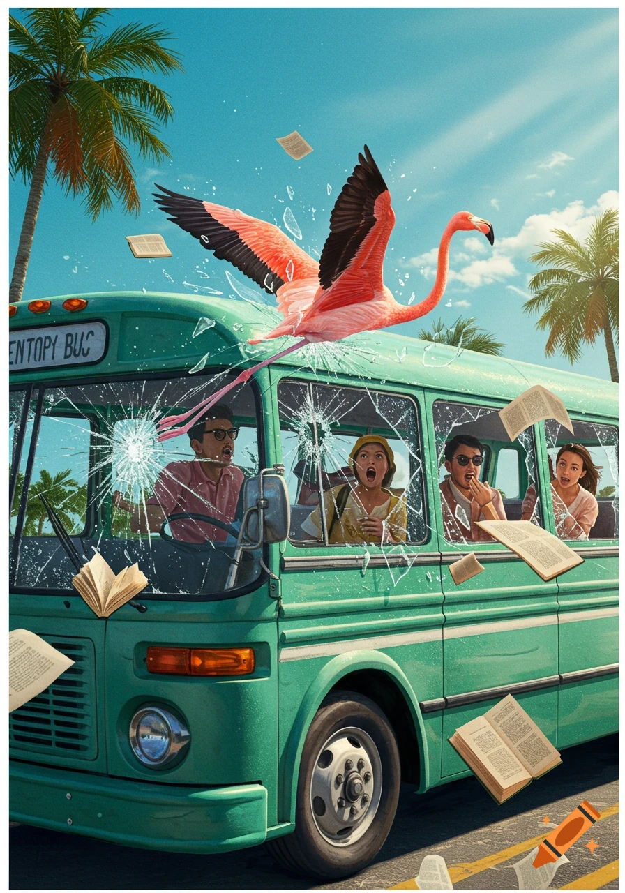 A pink flamingo crashes through the windshield of a green bus, scattering books and broken glass as shocked passengers react. Tropical setting.