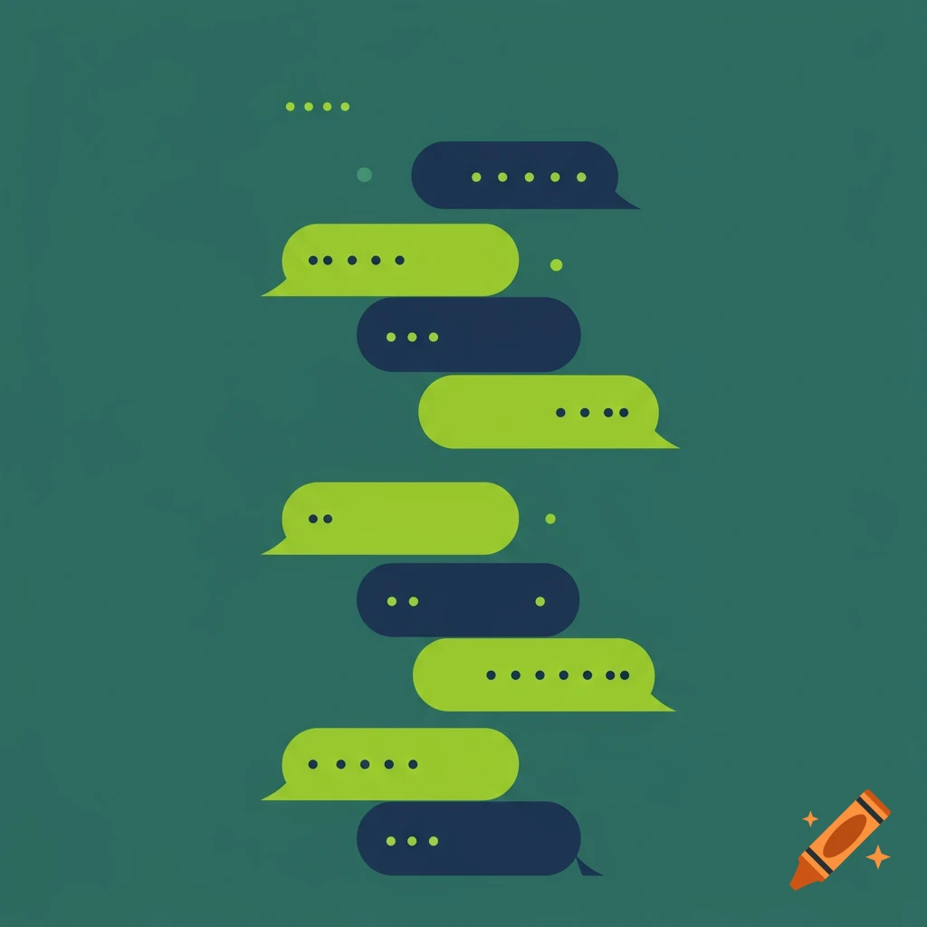 Minimalist illustration of stacked lime green and navy chat bubbles with dots on a dark green background, resembling a stylized AI chat.