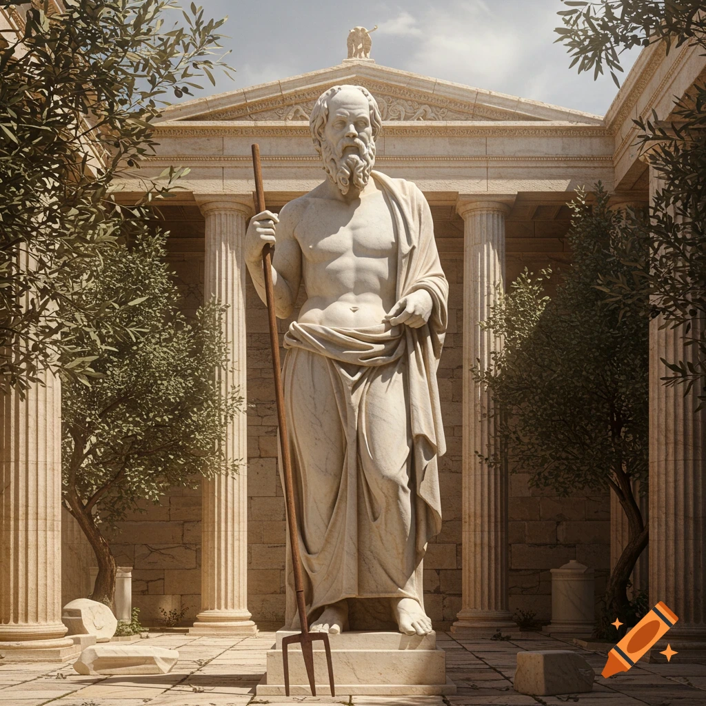 Photorealistic marble statue of a bearded man, resembling Socrates, holding a pitchfork in an ancient Greek courtyard.