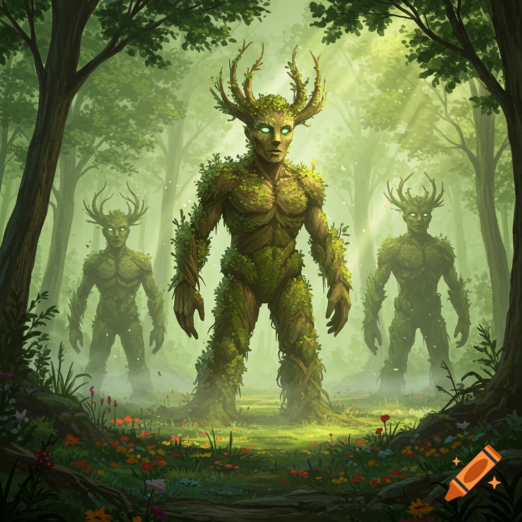 Three moss and wood guardians with glowing eyes and antlers stand in a mystical, sun-dappled forest with colorful ground flowers.