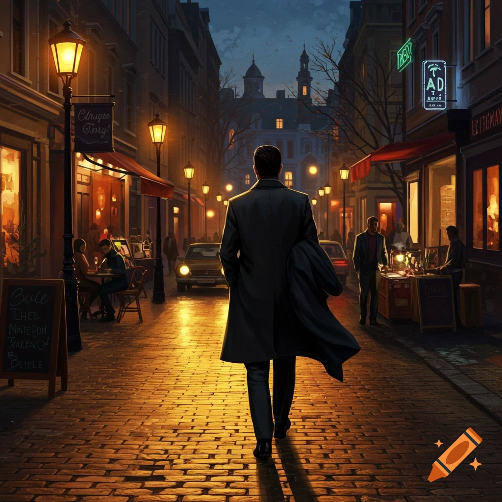 A man in a trench coat walks away from the viewer down a gaslit cobblestone street at night, with illuminated shops lining both sides.