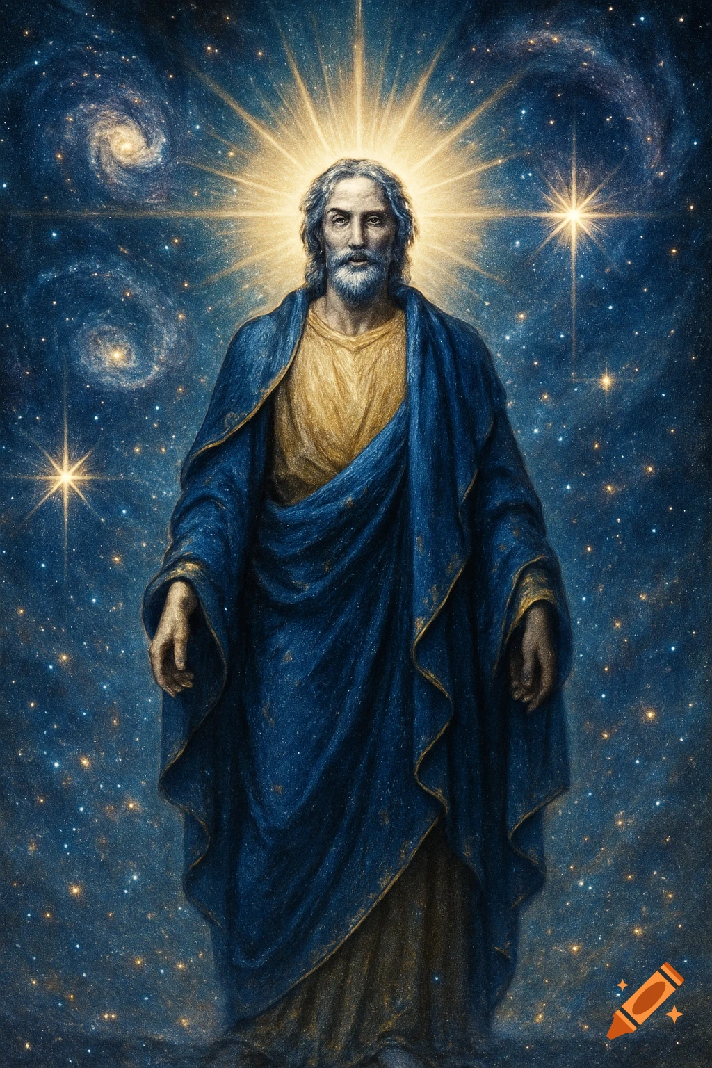 A man resembling Jesus, in blue and gold robes, stands against a starry cosmic background with galaxies and a bright halo.