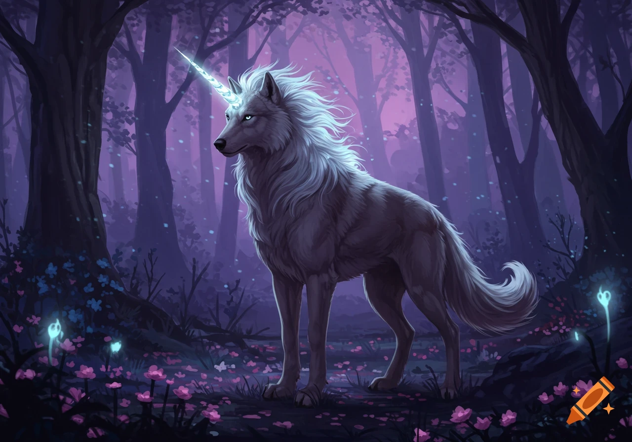 A majestic white wolf-unicorn with a glowing horn stands in a dark, ethereal purple forest with glowing flora.