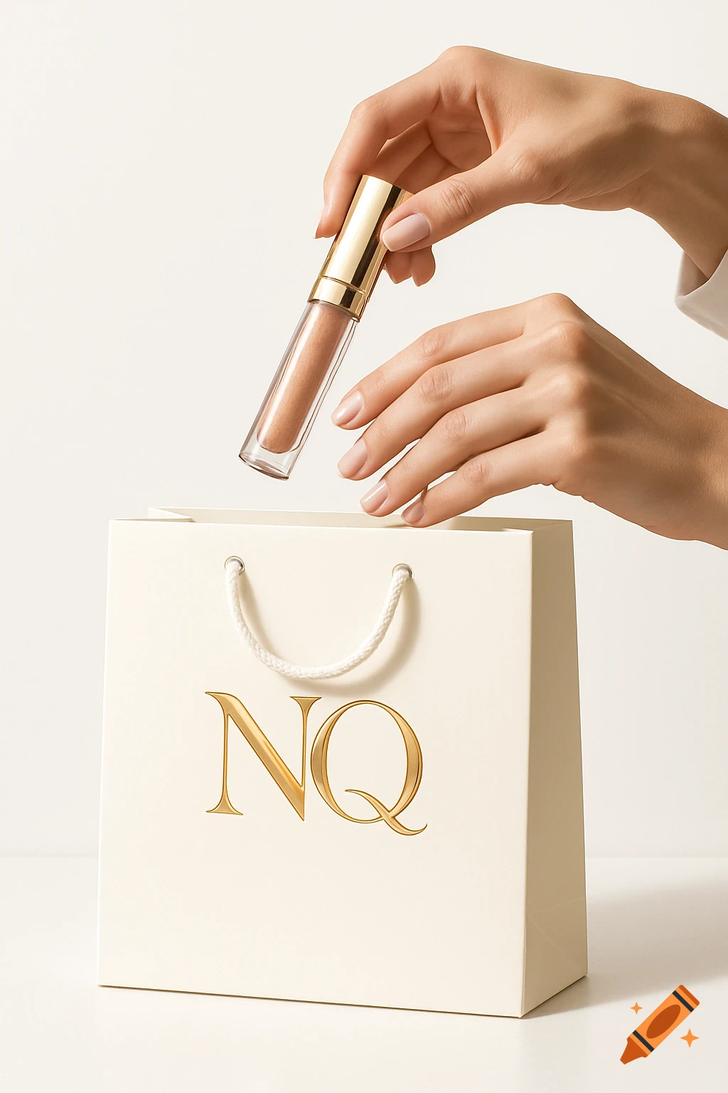 A pair of hands gently places a tube of golden lip gloss into a white shopping bag featuring a golden "NQ" logo, against a clean white background.