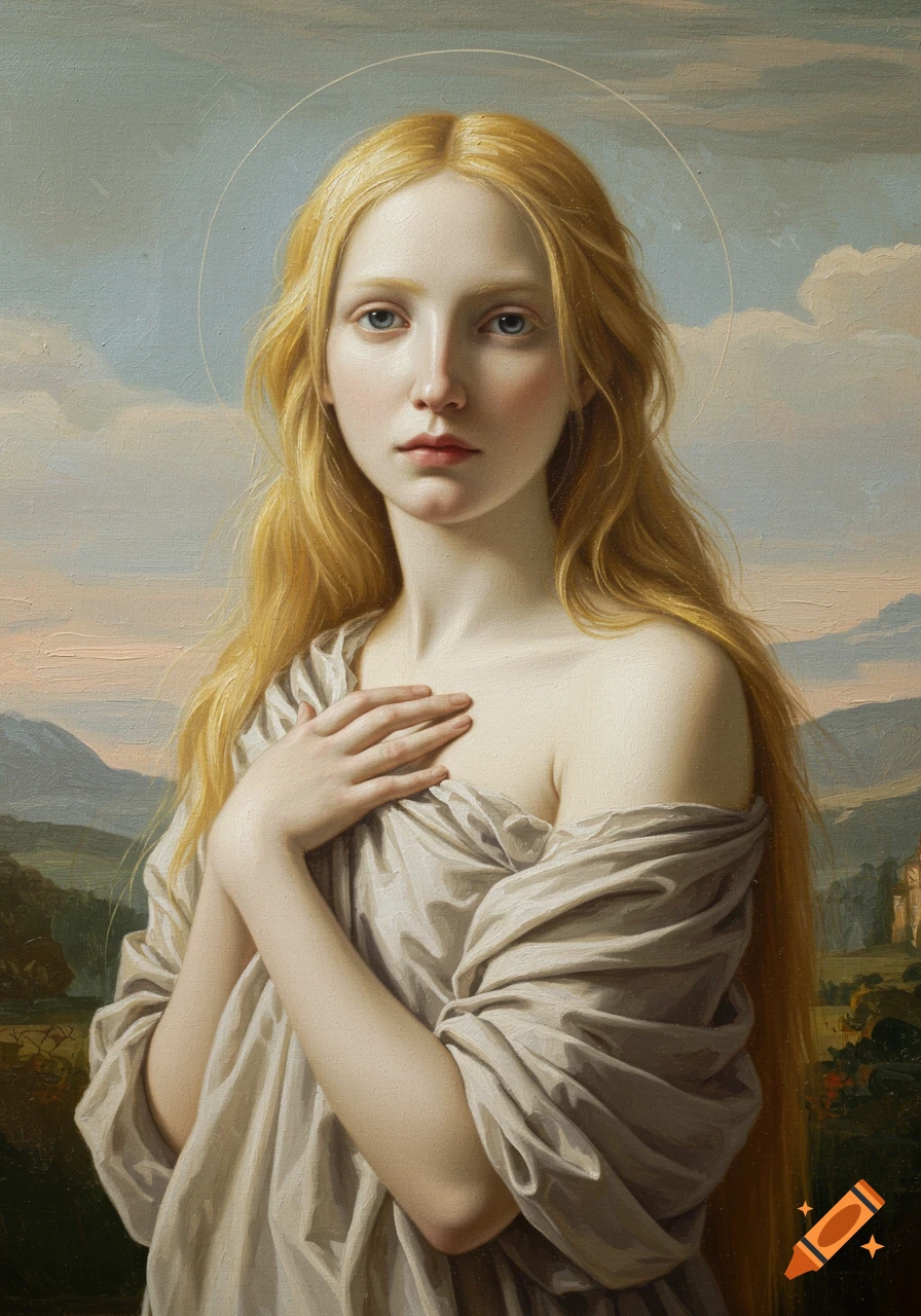 Classical oil painting portrait of a pale blonde woman with a halo, dressed in humble linen, hands crossed, set against a landscape.