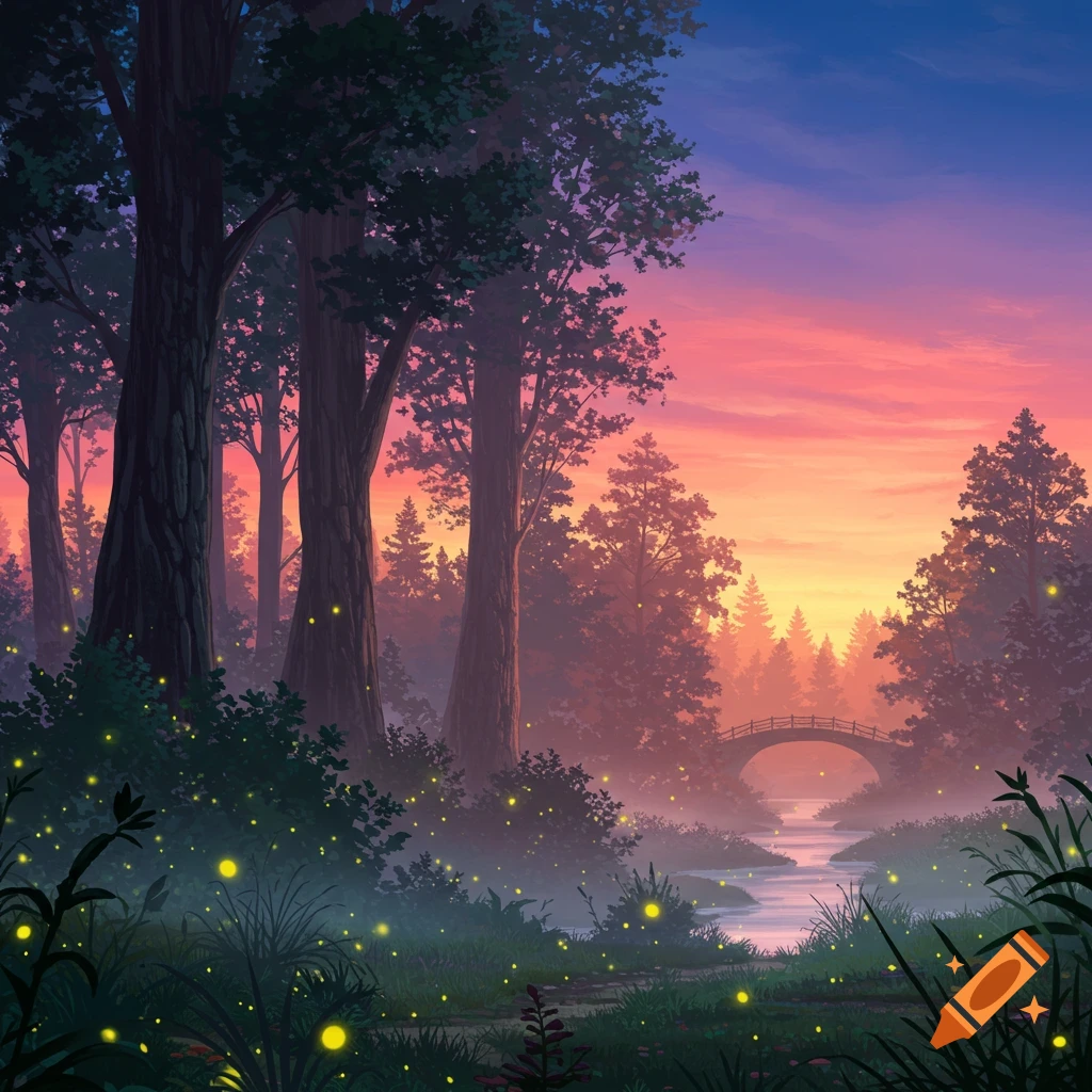 A mystical forest at sunset or sunrise with glowing fireflies, a winding river, and a small bridge, in an anime art style.