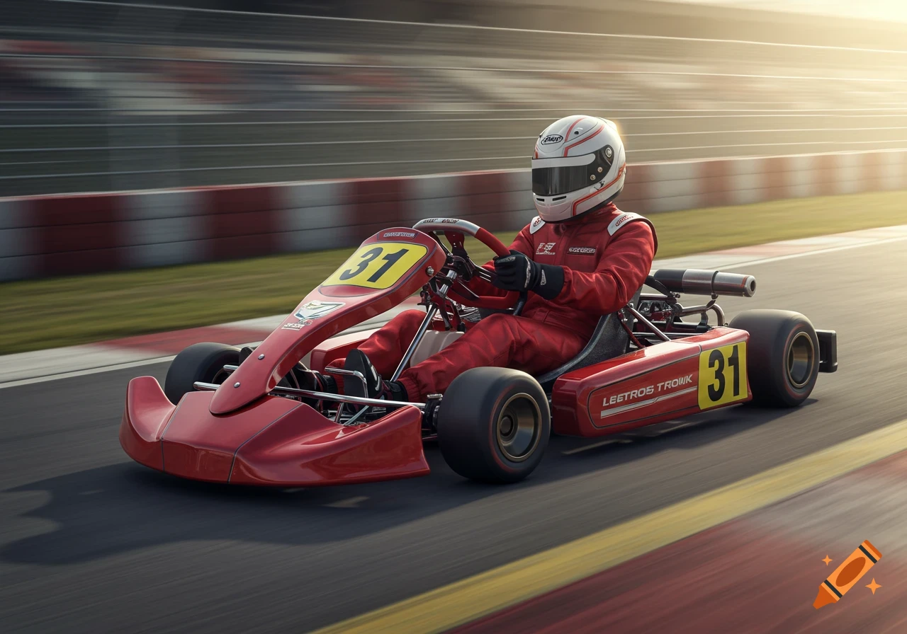 A red go-kart with driver number 31 speeds along a race track under a bright sun.