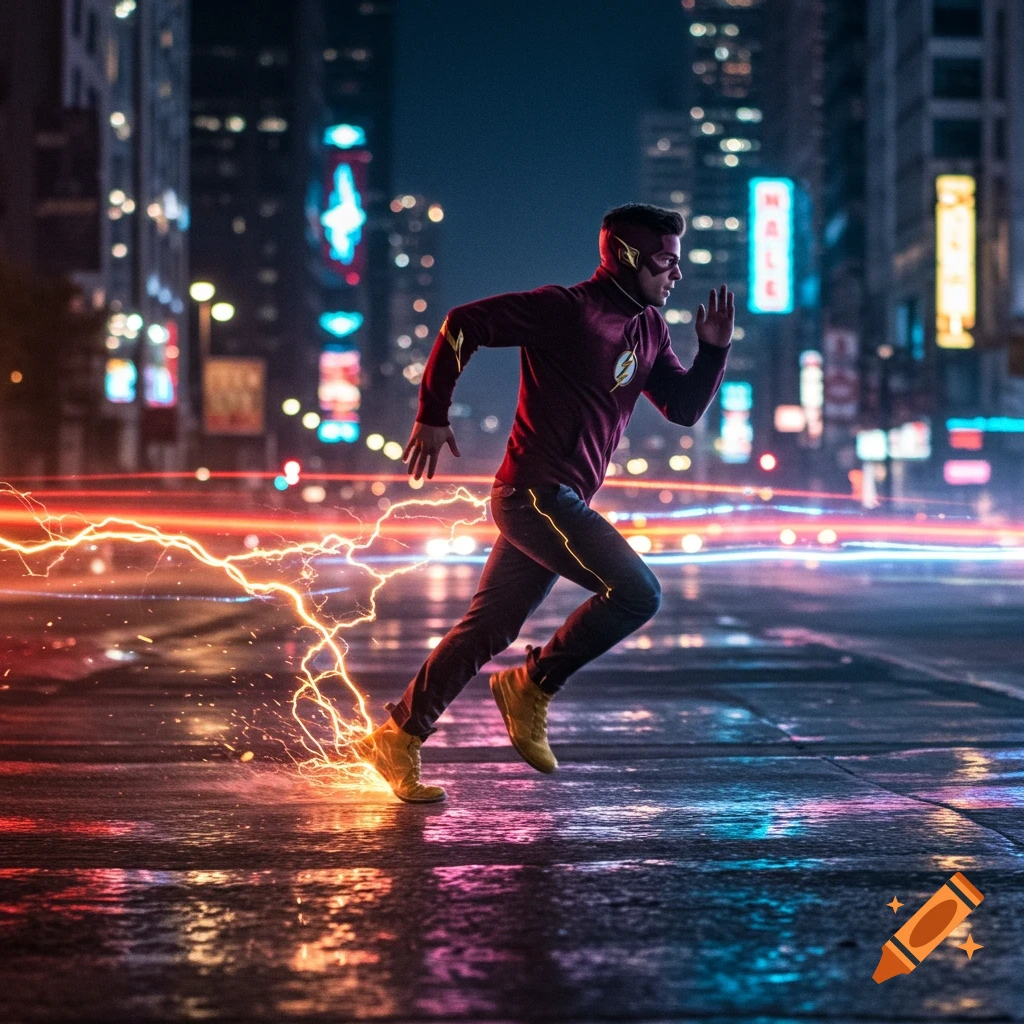The Flash-like man races through a vibrant, wet cityscape at night, leaving electric lightning trails and streaking neon lights.