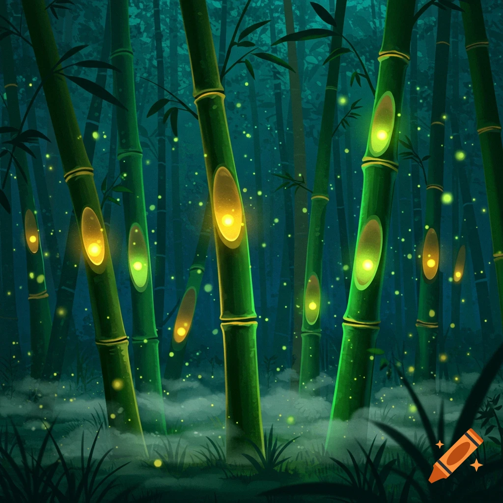 Vibrant green bamboo stalks glow with yellow and green lights amidst mist and fireflies in a dark forest illustration.