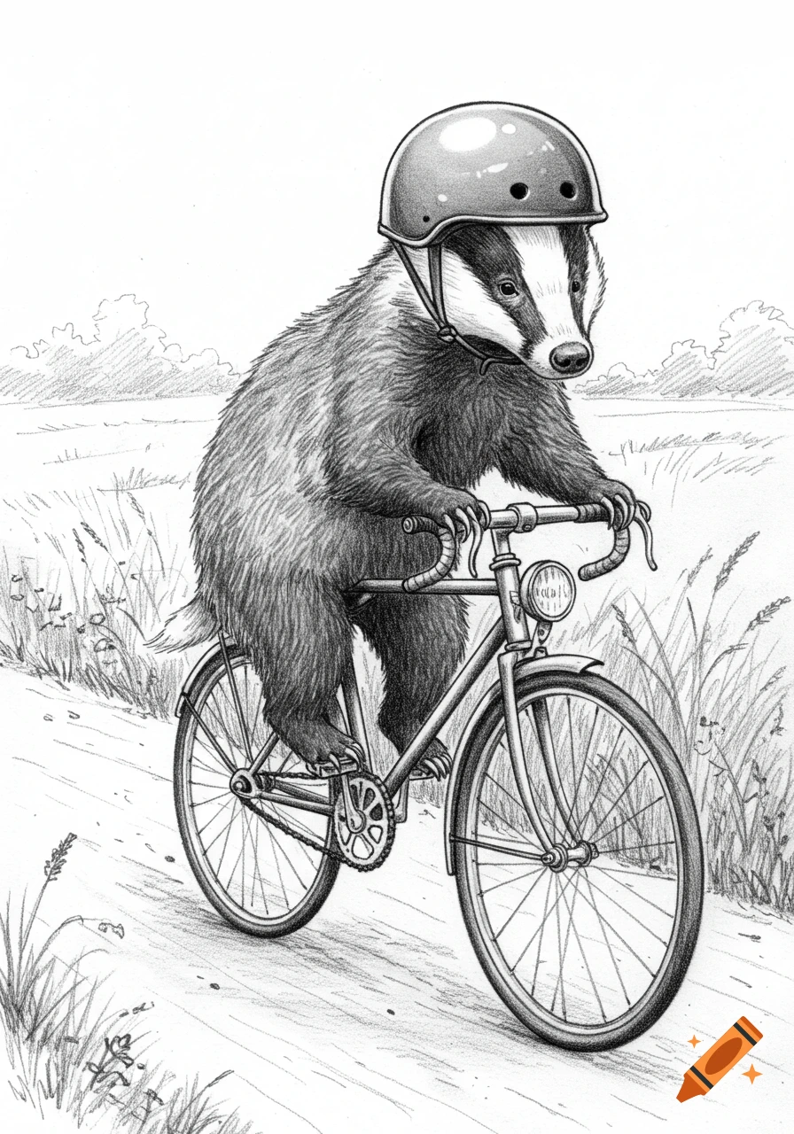 A detailed pencil sketch of a badger wearing a helmet, riding a bicycle on a dirt path with grass on the sides.