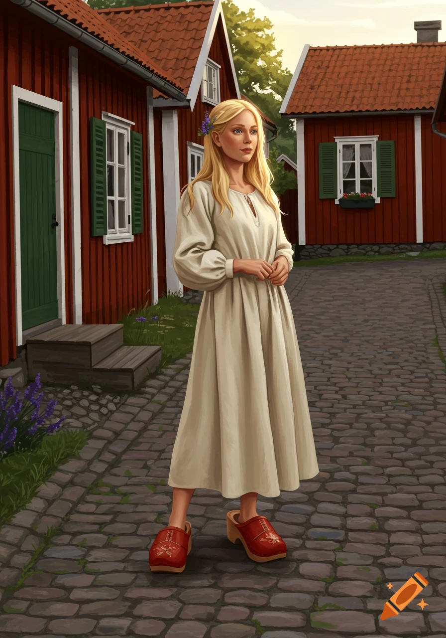 A blonde woman in a cream dress and red clogs stands on a cobblestone path between traditional red houses in an illustrative style.