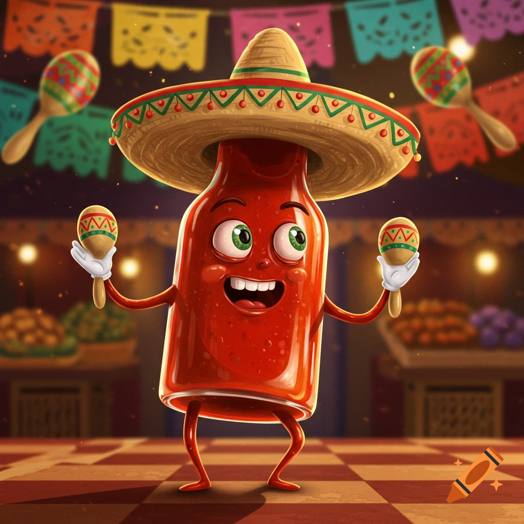 A happy cartoon hot sauce bottle wearing a sombrero and holding maracas, standing on a checkered floor with festive banners.