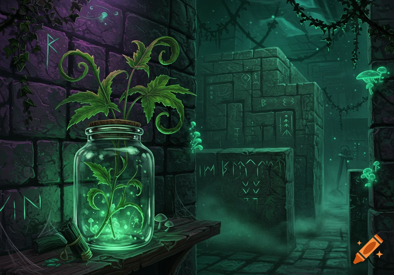 A glowing plant in a glass jar sits on a shelf in a dark, eerie, runic labyrinth. Neon green mushrooms and vines are visible.