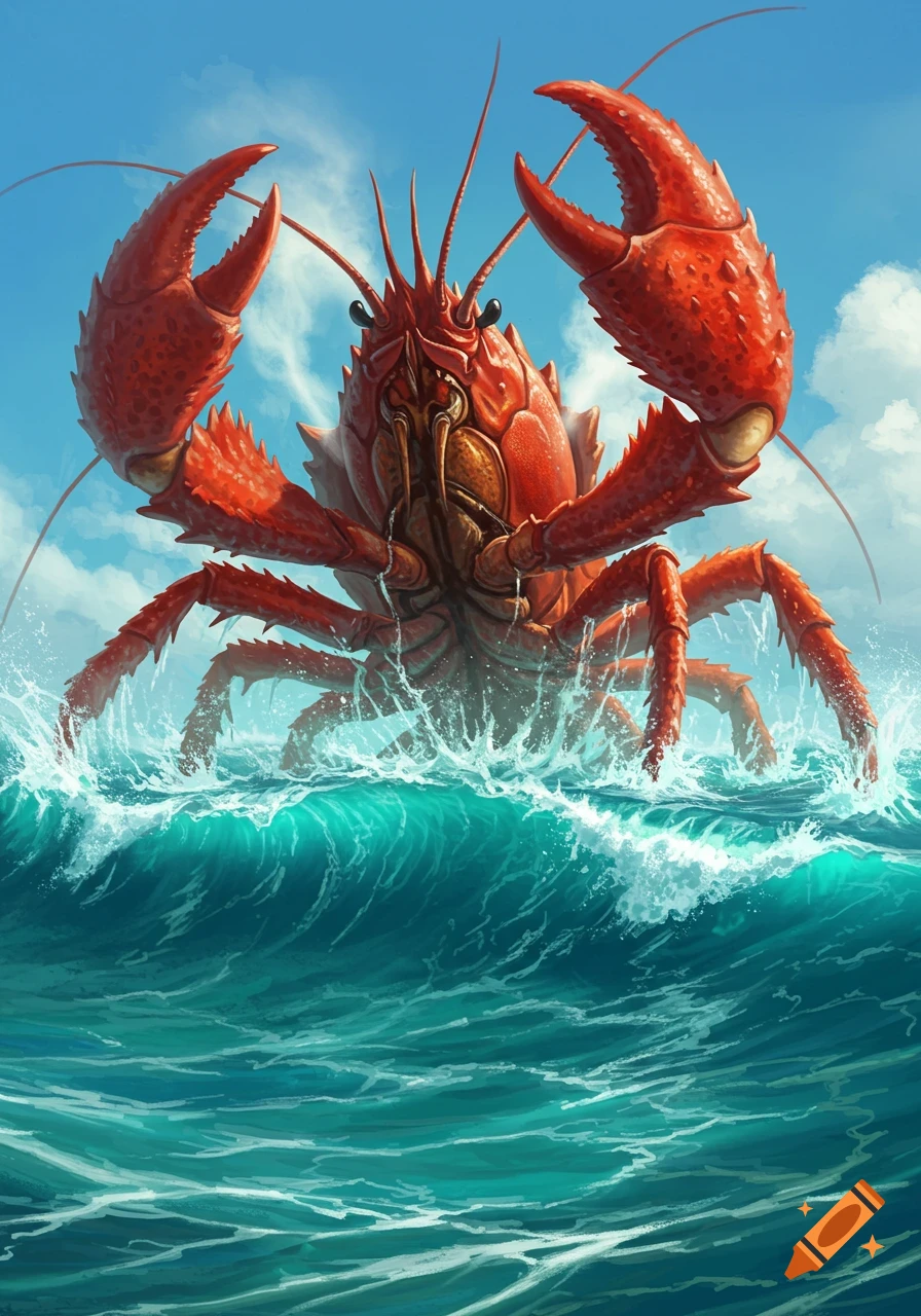 A huge red crustacean with large claws emerges from crashing blue ocean waves under a bright blue sky. Detailed illustration.
