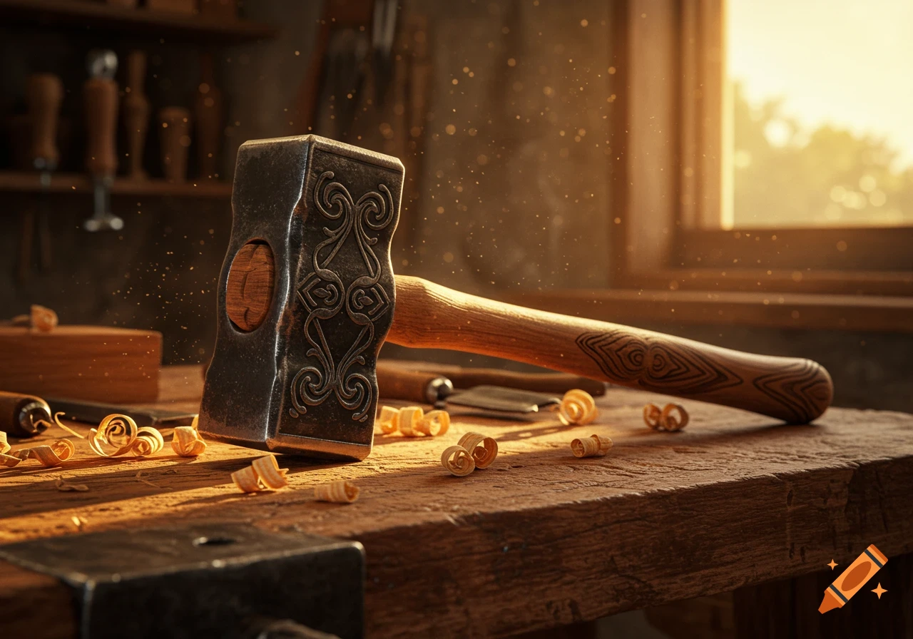 A detailed, ornate hammer rests on a wooden workbench with wood shavings, illuminated by warm sunlight through a window.