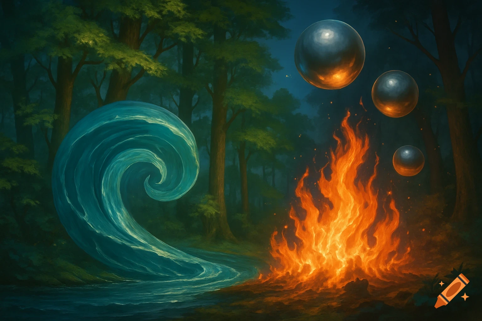 A fantasy forest scene with a blue water spiral and a bonfire, metallic spheres float in the dark sky.
