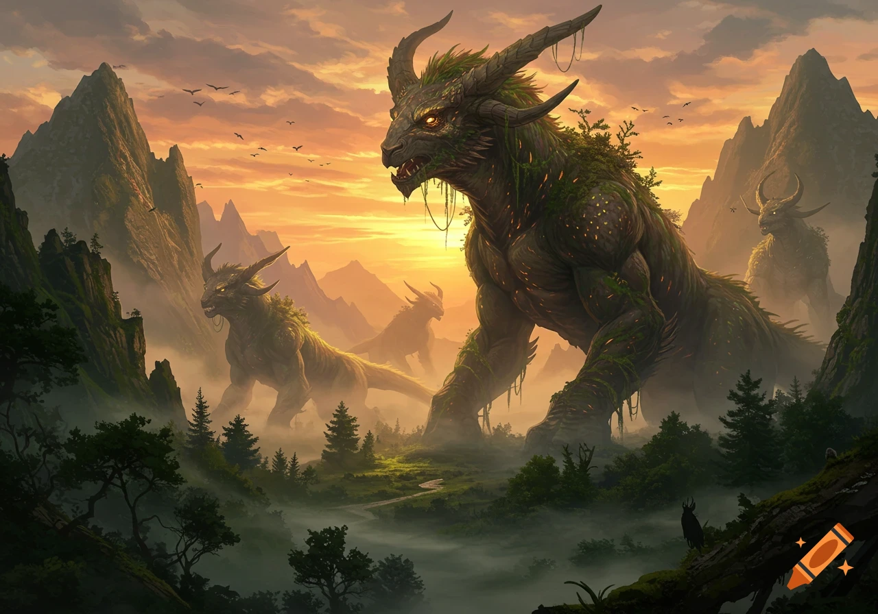 Giant, moss-covered horned monsters with glowing eyes roam a misty valley at sunset, surrounded by mountains.