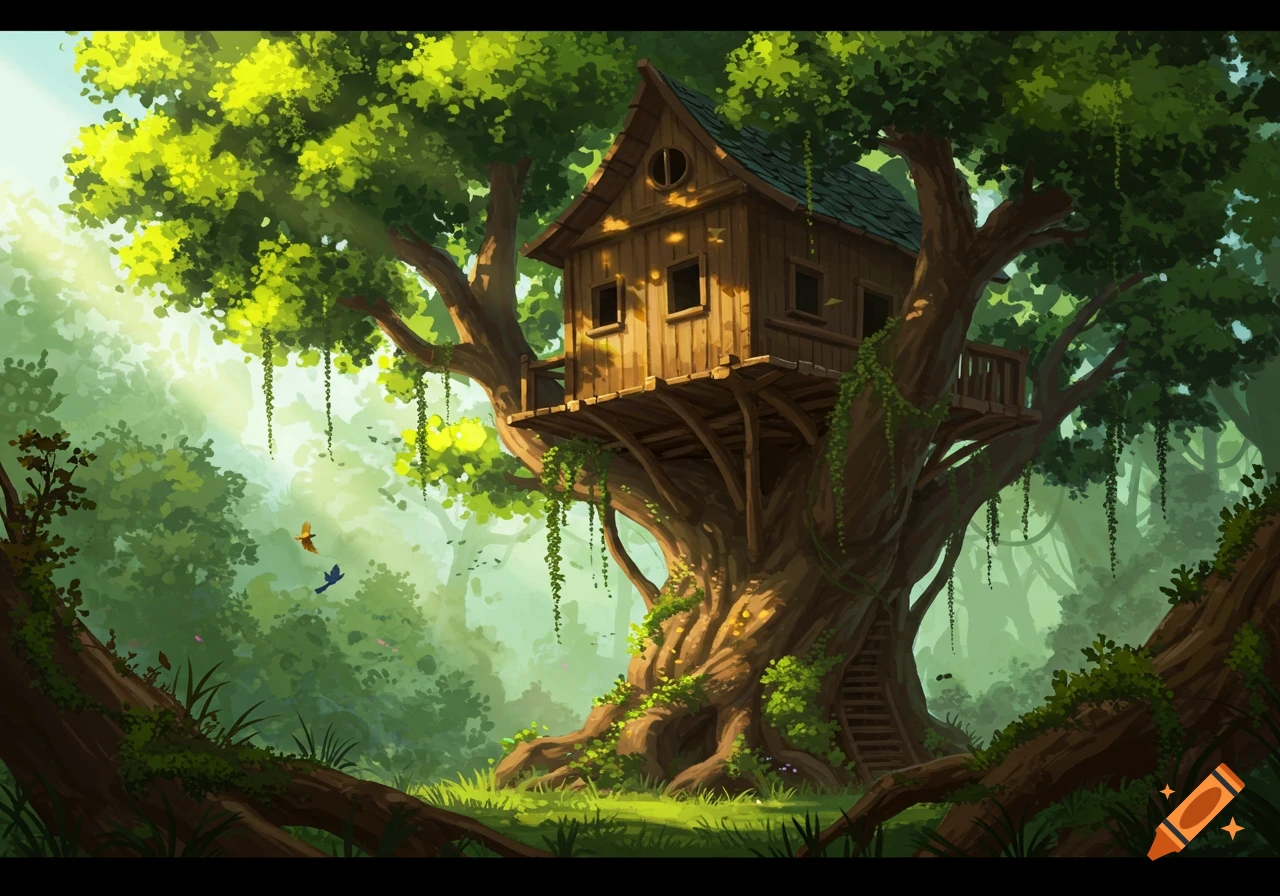 A charming illustration of a wooden treehouse nestled high in a giant, leafy green tree in a sunlit forest, with two small birds flying nearby.
