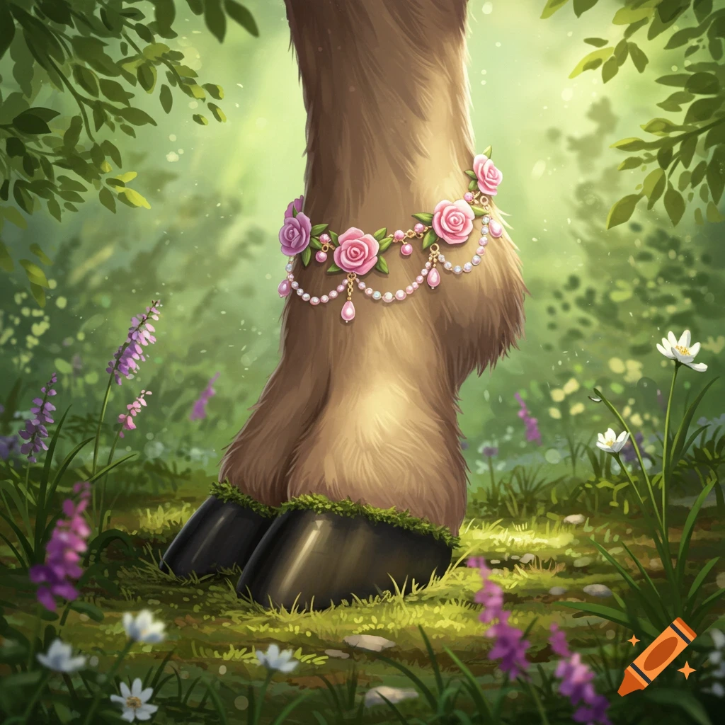 A furry animal hoof with black hooves, adorned with a pink rose and pearl anklet, stands in a lush green forest with wildflowers.