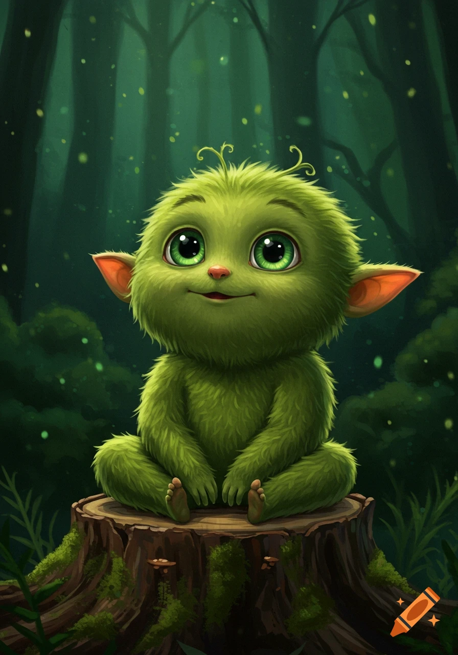 A fluffy green elf-like creature with big green eyes smiles while sitting on a mossy stump in a dimly lit forest, digital art.