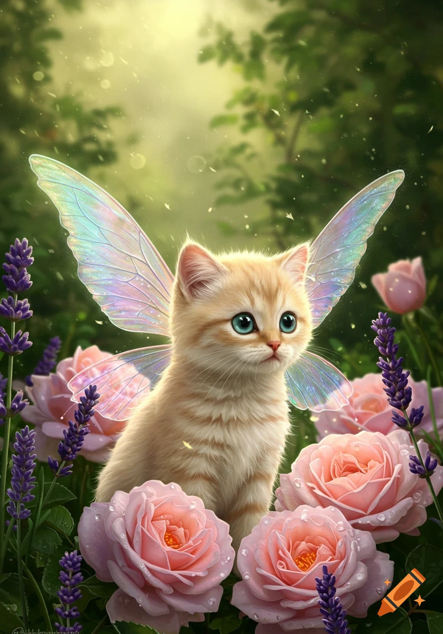 A realistic fluffy orange tabby kitten with shimmering fairy wings sits among pink roses and purple lavender in a sun-dappled forest.