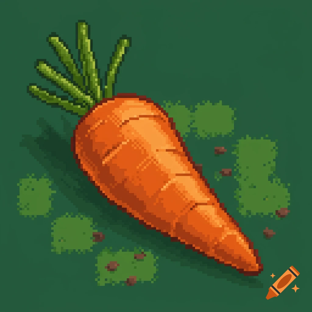A vibrant orange pixel art carrot with green leafy tops on a dark green pixelated background.
