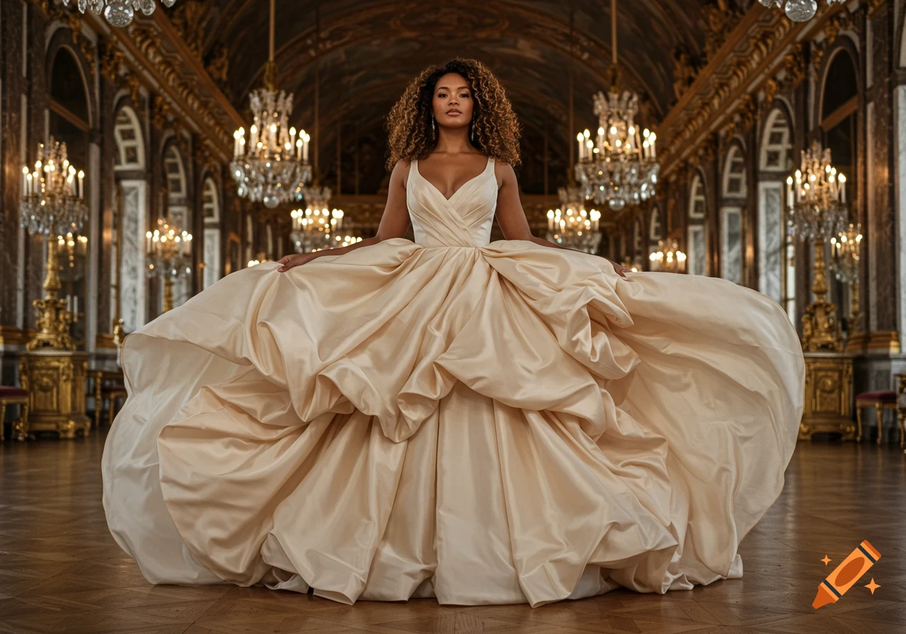 Photorealistic portrait of a woman with curly hair in a voluminous cream gown standing in an ornate golden palace hall.