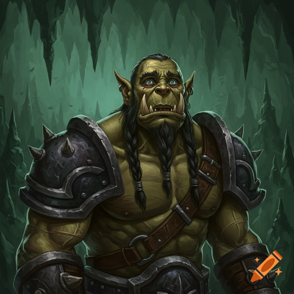 Digital painting of a muscular, green-skinned orc with braided hair and tusks, wearing spiked armor, looking scared in a dark cave.