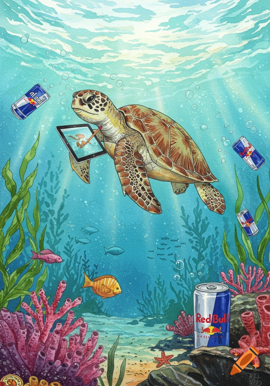 A sea turtle underwater works on an iPad, surrounded by discarded Alani and Red Bull cans and colorful coral. Watercolor style.