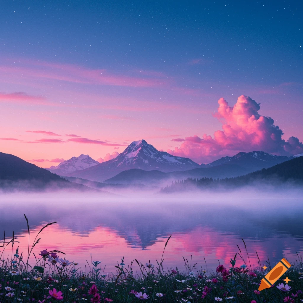 Serene mountain lake at twilight with a starry pink and blue sky, mist over the water, and wildflowers in the foreground.