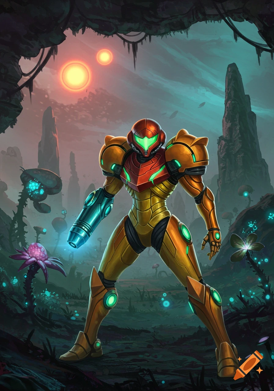 Samus Aran in her orange Power Suit stands in a vibrant alien jungle with glowing plants and two suns, stylized.