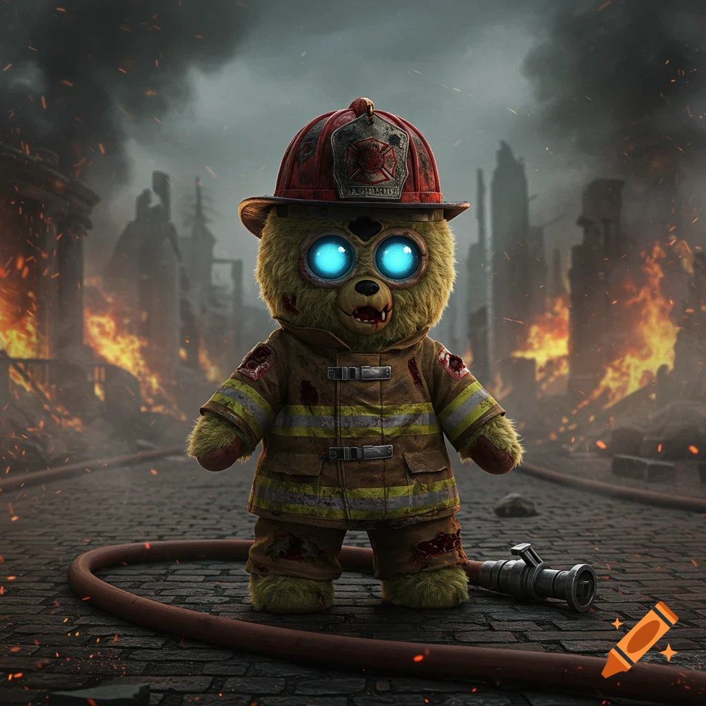 Photorealistic teddy bear zombie firefighter with glowing blue eyes in a burning city with a hose on the ground.