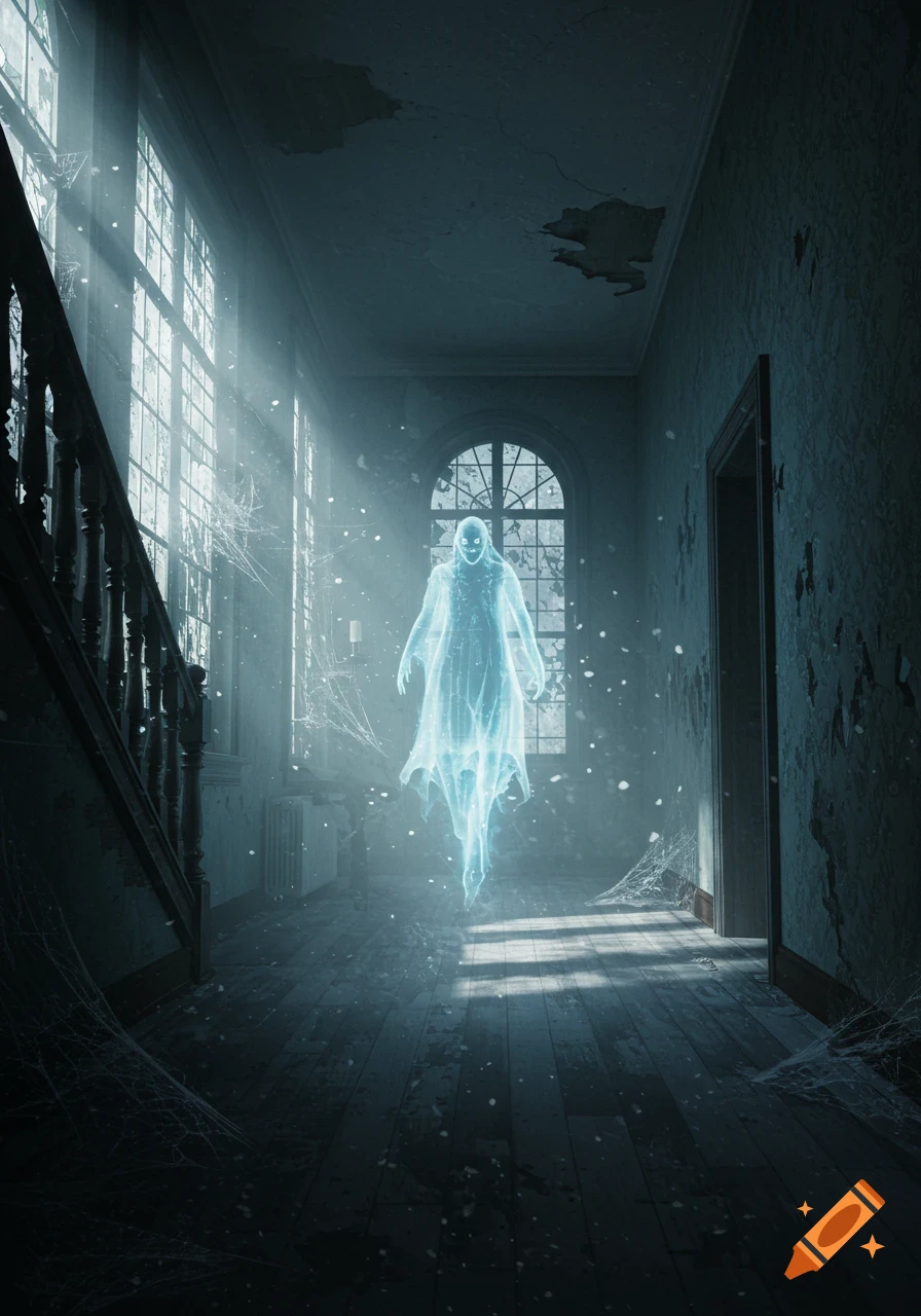 A glowing blue ghost floats in an eerie, abandoned hallway with large windows, sunlight streaming through, and cobwebs.