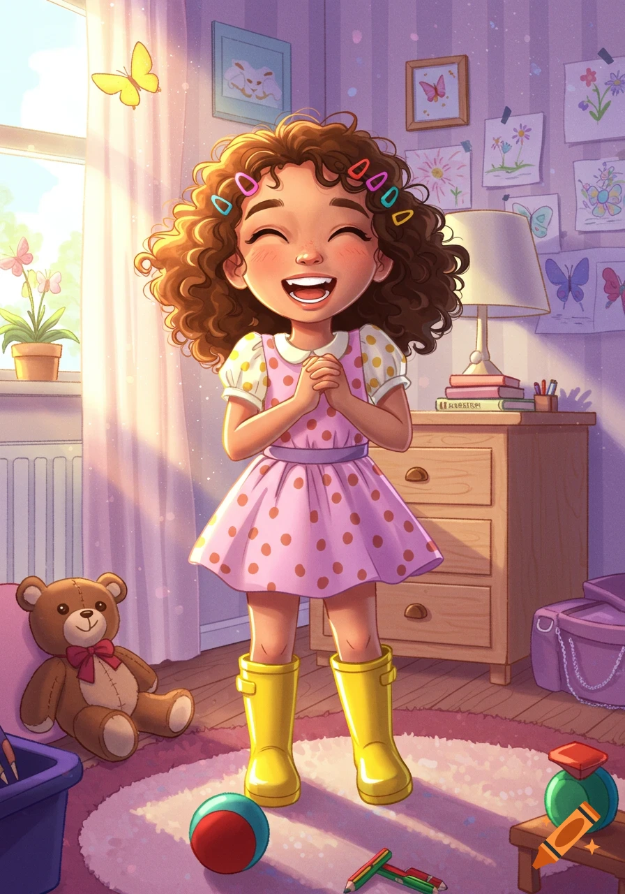 A happy girl with curly hair in a pink polka-dot dress and yellow boots smiles brightly in her sunlit bedroom, illustrated.