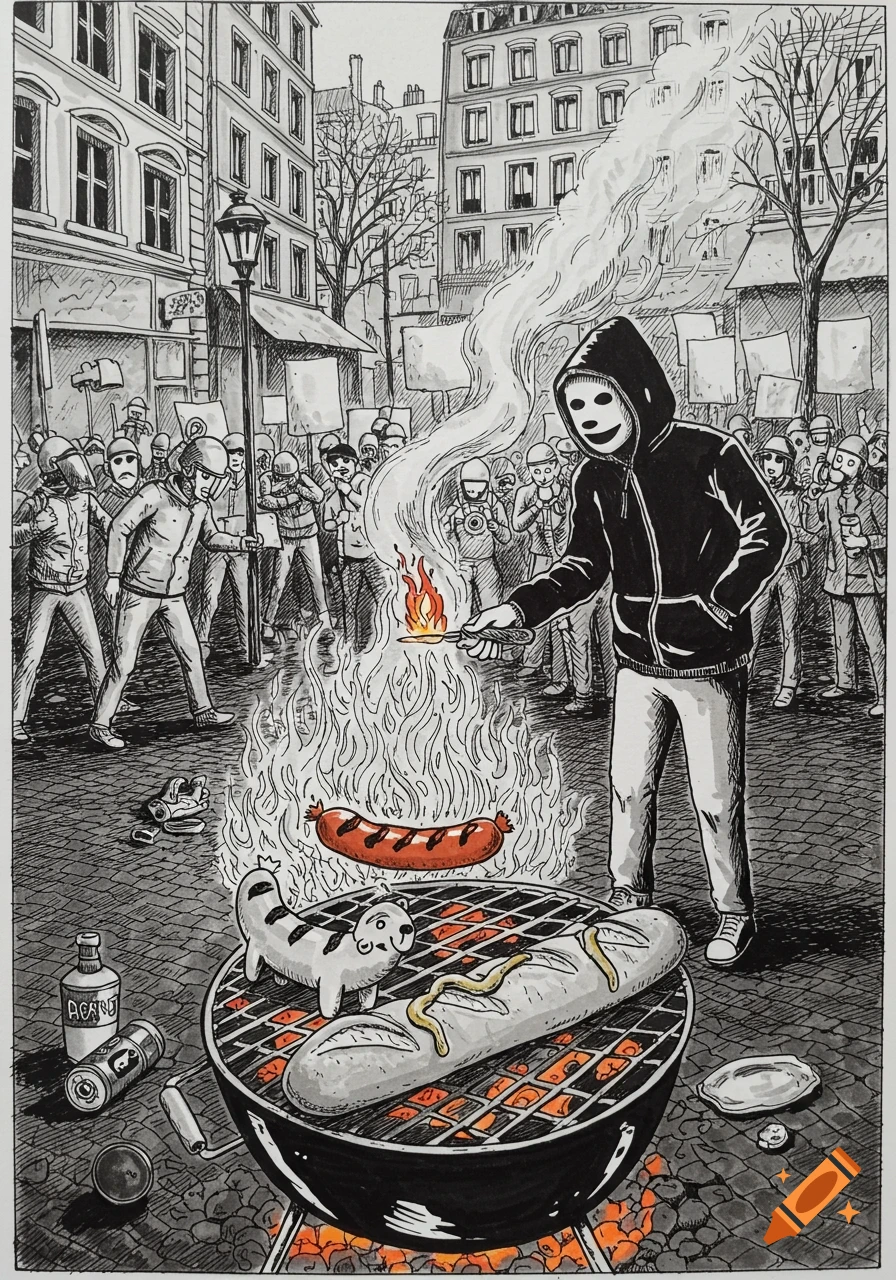 A stylized black and white illustration of a masked figure grilling a sausage and baguette on a barbecue amidst a street protest in a city.