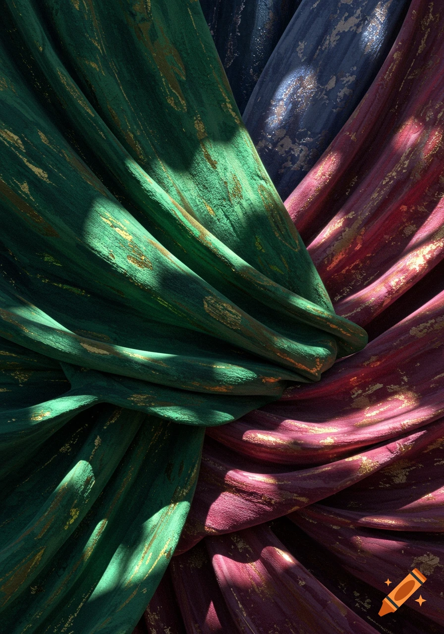 Close-up of draped emerald green, blue, and maroon fabric with golden distressed patterns and deep shadows.