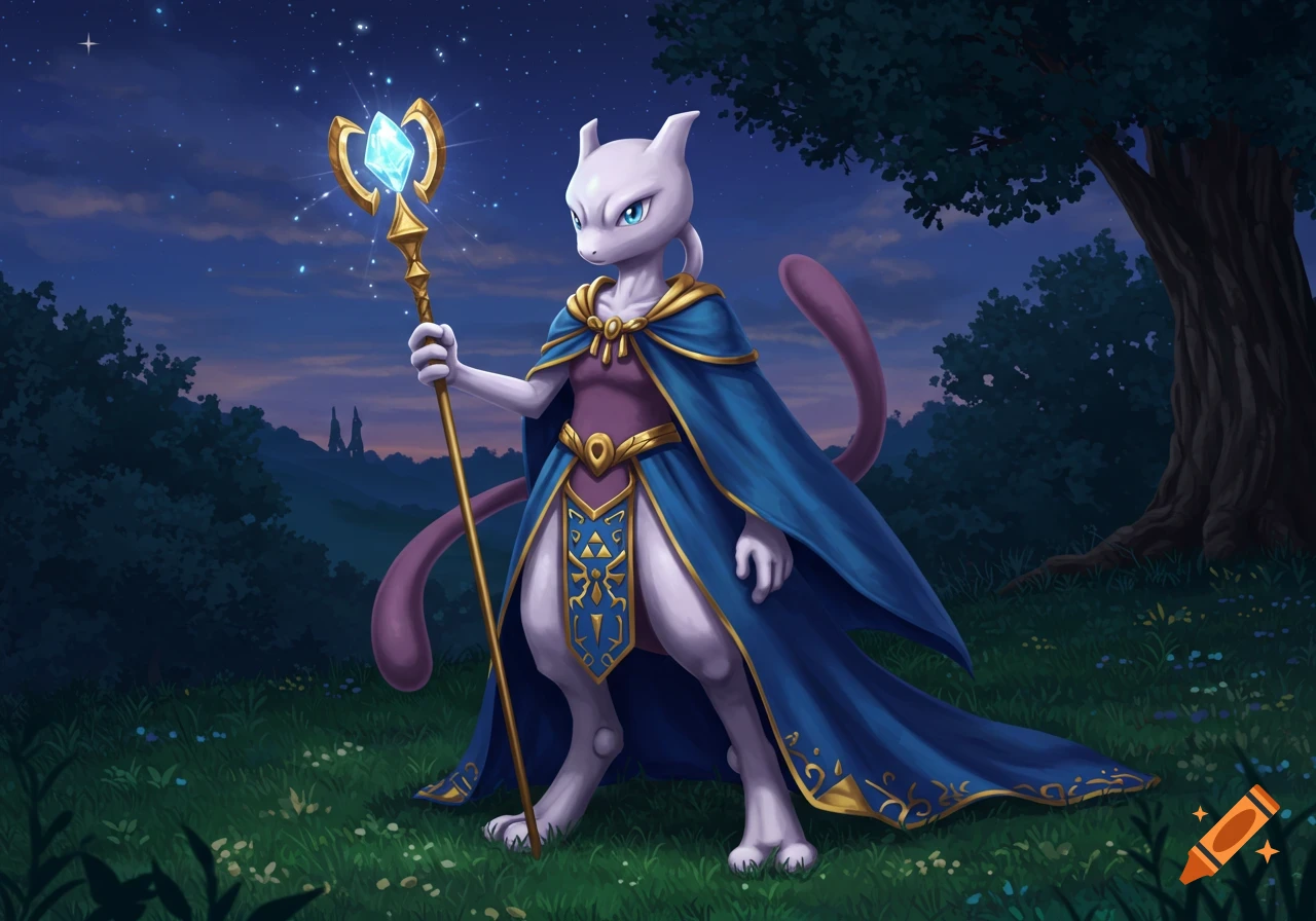Mewtwo in a blue and gold wizard robe, holding a glowing crystal staff, standing in a grassy field at night with trees and stars.