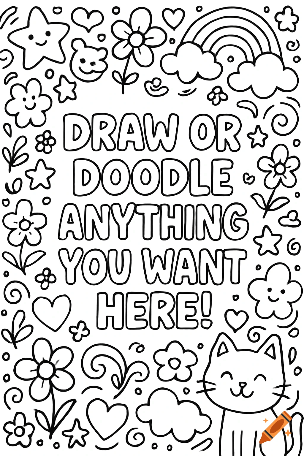 Black and white doodle coloring page with a border of stars, hearts, flowers, a rainbow, and a cat, surrounding the text 'Draw or Doodle Anything You Want Here!'.