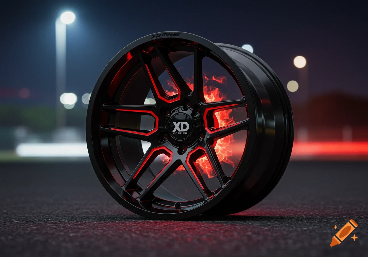 A close-up of a black car wheel with red accents and fiery red glow inside the spokes, on dark asphalt at night.