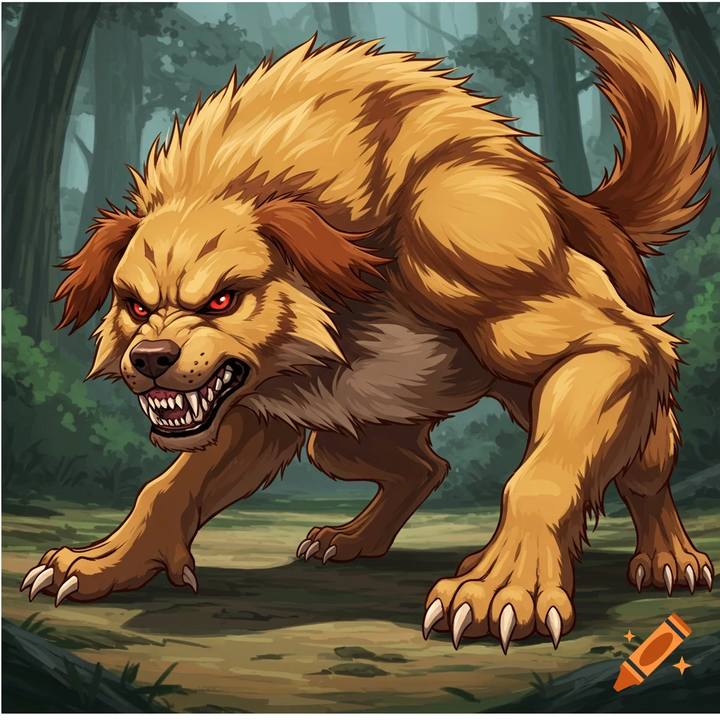 A cartoonish, vicious golden-brown dog with glowing red eyes, sharp teeth, and claws, snarling in a forest.