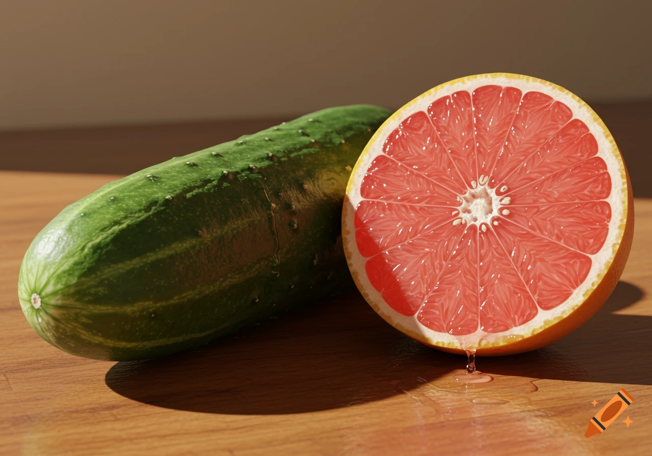 A photorealistic image of a whole cucumber next to a halved grapefruit dripping juice onto a wooden surface.