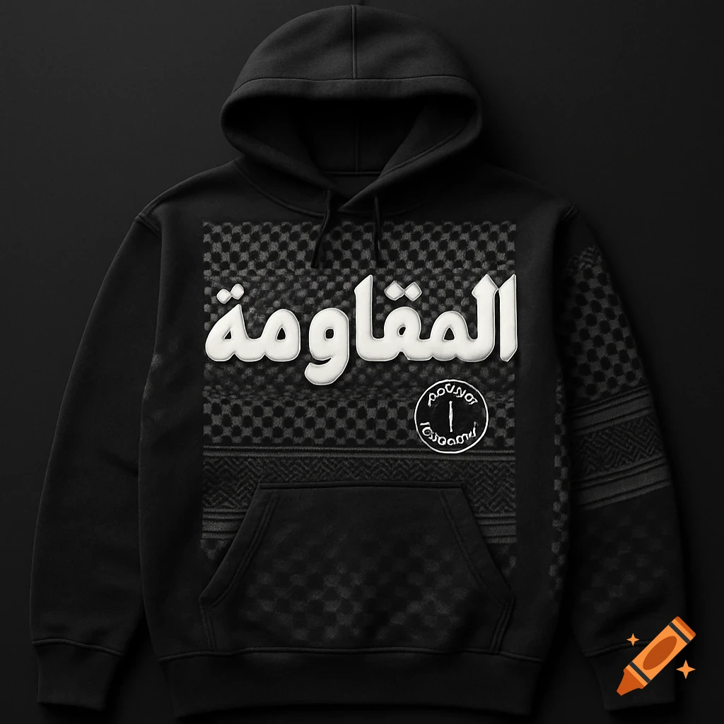 A black hoodie with large white Arabic text reading "Al-Muqawama" over a keffiyeh pattern. A small patch with a key symbol is below the text.