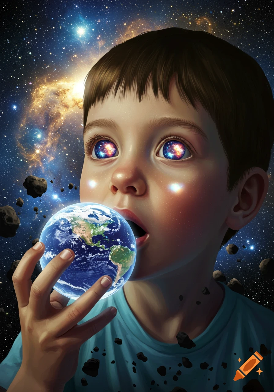 A surreal image of a young boy with glowing cosmic eyes, holding the Earth to his mouth as if to eat it. He is set against a vibrant galaxy background with asteroids floating around.