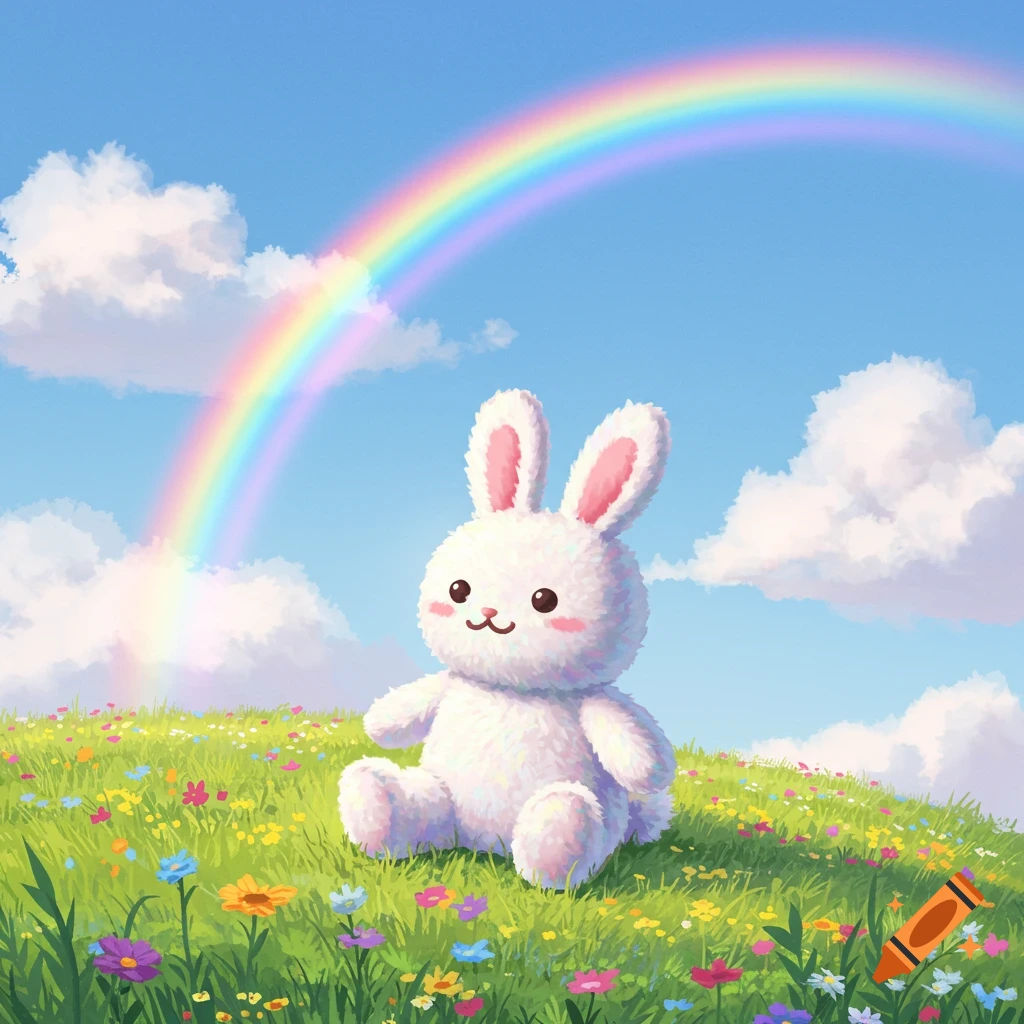 A fluffy white bunny plushie sits in a vibrant green meadow with colorful wildflowers, under a bright rainbow and blue sky.