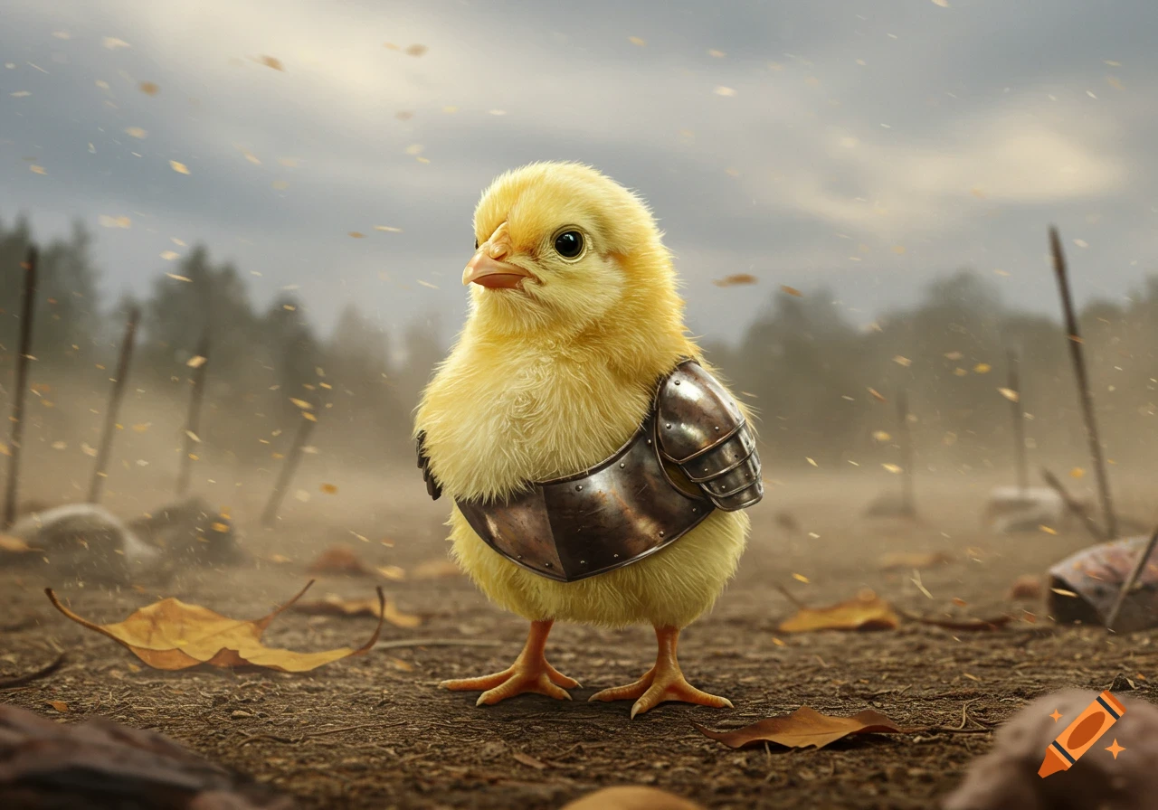 A fluffy yellow chick in shiny medieval shoulder armor stands in a dusty, leaf-strewn field with spears in the background.