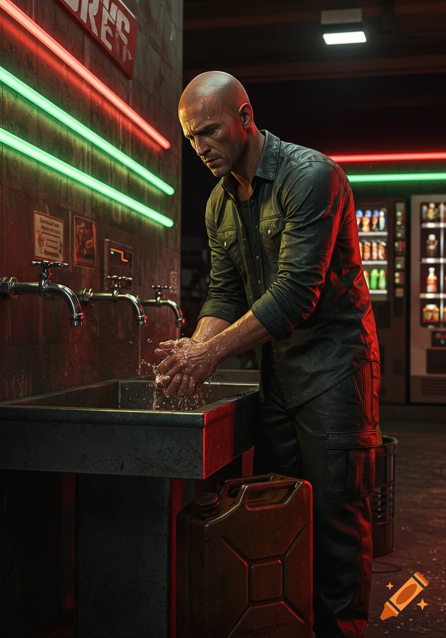 A bald man with a serious expression washes his hands in a grimy sink at a gas station, lit by neon red and green lights, a jerrycan nearby.