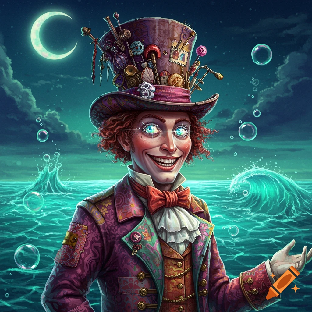 A character resembling the Mad Hatter, with glowing blue eyes, a wide grin, and an elaborate top hat, stands in a turquoise sea under a crescent moon.