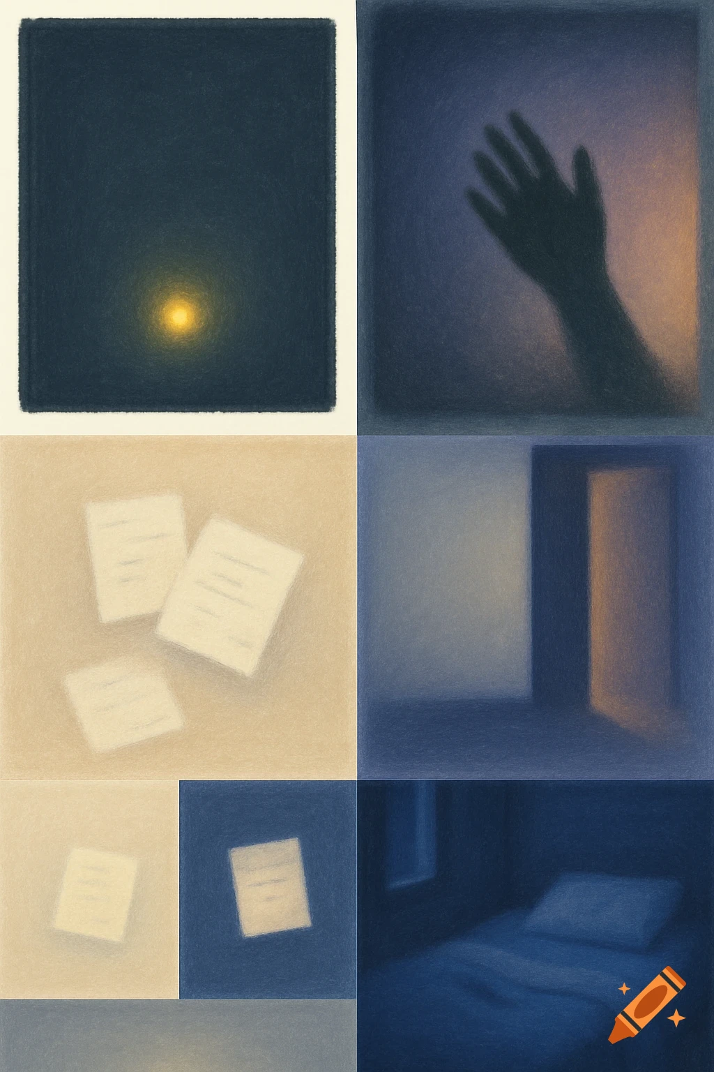 A grid of oil pastel art panels, featuring minimalist scenes like a glowing dot, a hand silhouette, scattered papers, an open door, and a bed in dark, muted tones.