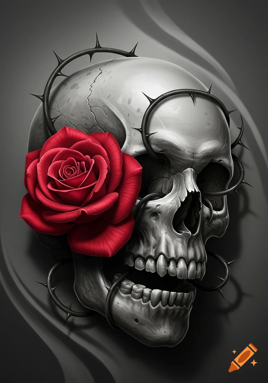 Stylized grayscale skull with a vibrant red rose emerging from its mouth and black thorny vines wrapped around its head.